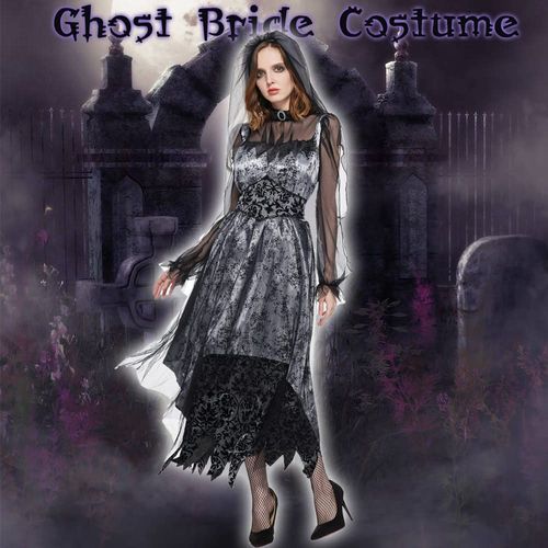 Eraspooky Ghost Bride Costume Halloween Women Adult Costume Black Veil Dress Cosplay Party