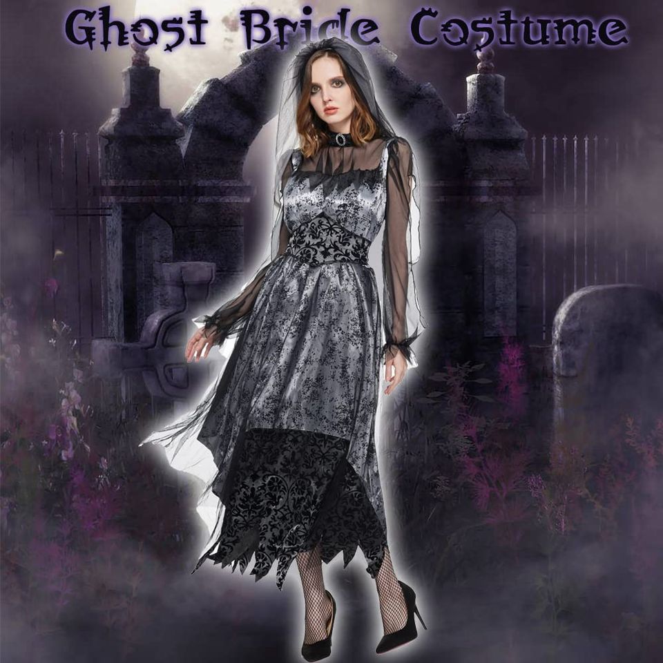 Women's Ghostly Bride Costumes Gothic Victorian Ghost Adult Costume Haunter  Party Dress Bride Costume Zombie Halloween Costumes M-L 