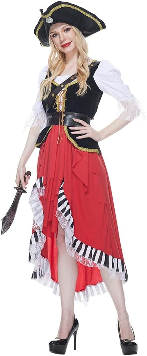 Eraspooky Robe de pirate pour femme Capitaine pirate Ensemble complet de costume de luxe avec accessoire de chapeau