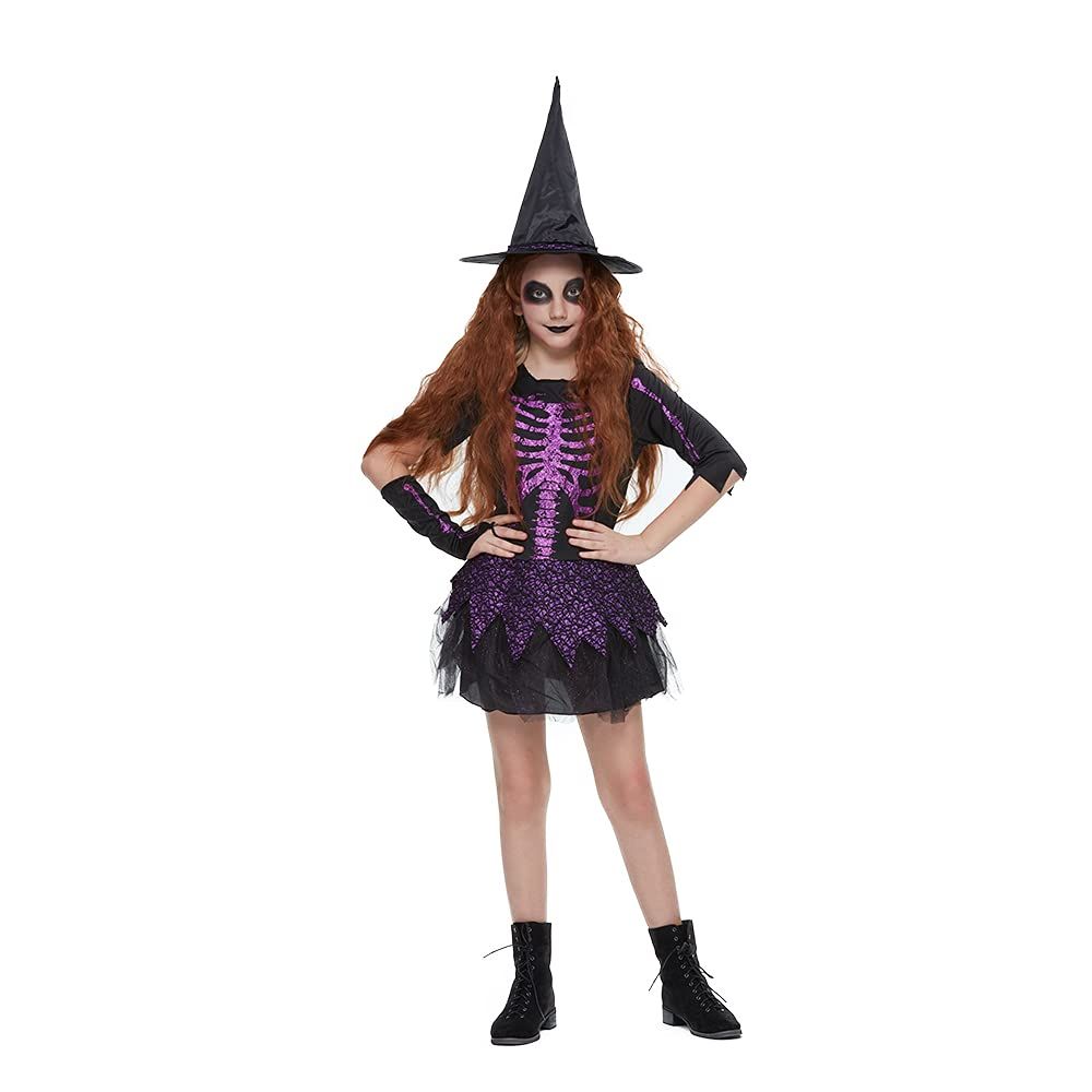 Eraspooky Girls Skeleton Costume Purple Witch Dress for Girls Wiard Costumes Halloween Party Dress