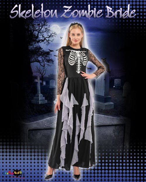 EraSpooky Women Skeleton Zombie Bride Costumes Halloween Cosplay Fancy Party Dress with Hair Band