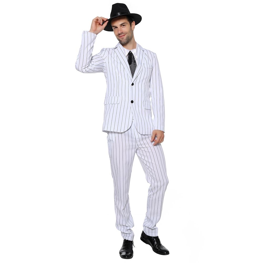 Eraspooky Gangster-Kostüm der 1920er Jahre für Herren, breiter Nadelstreifen-Anzug, inklusive Jacke, Hose, Hemd vorne mit befestigter Krawatte