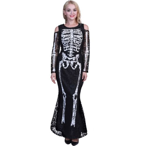 Eraspooky Women Gothic Skeleton Costume Halloween Black Dress
