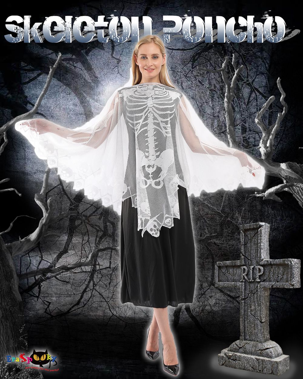 EraSpooky Damen Skelett Poncho Halloween Tag der Toten Partykostüm