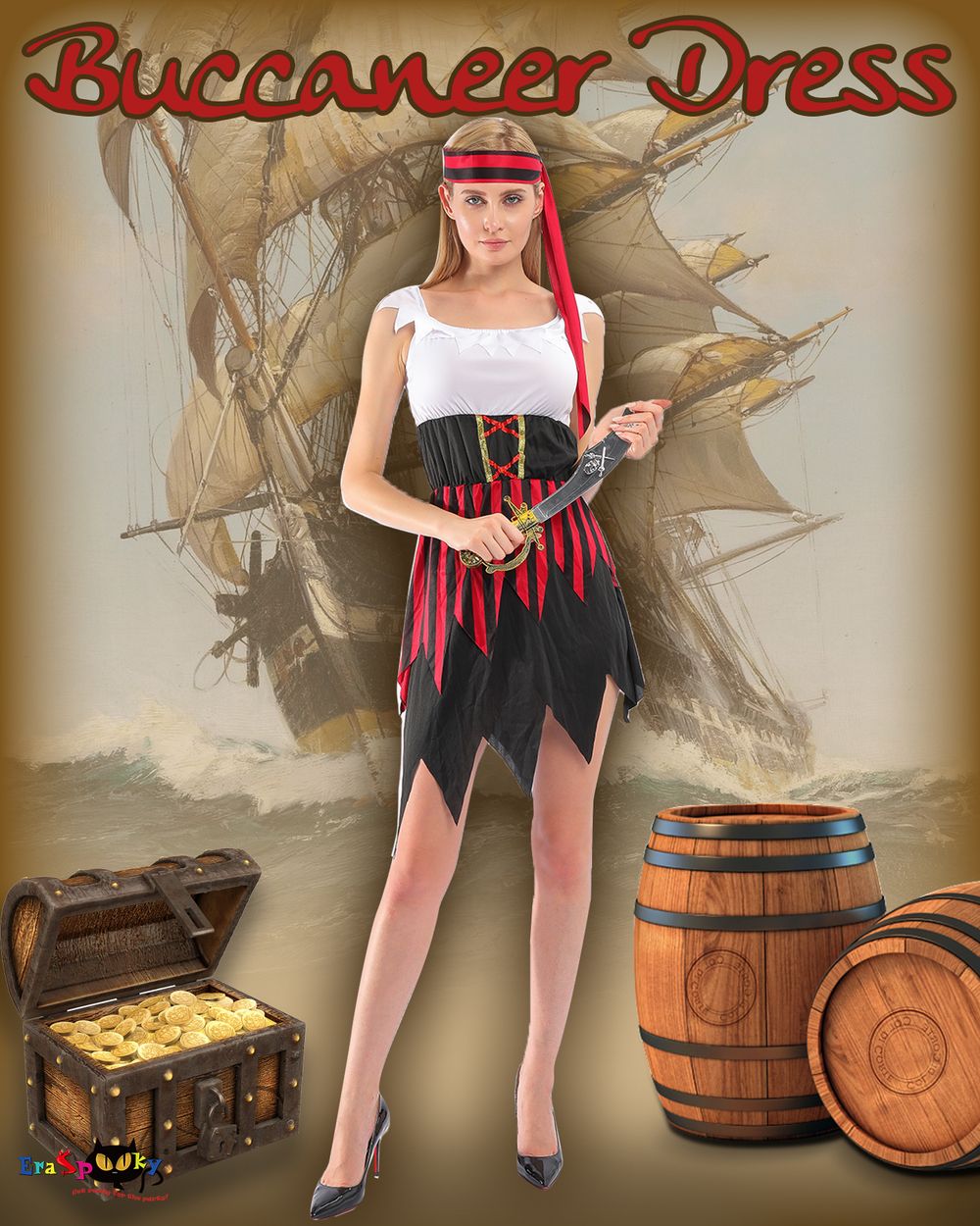 EraSpooky Womens Pirate Costume Halloween Sexy Buccaneer Dress