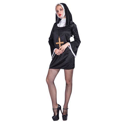 EraSpooky 장난 꾸러기 수녀 의상 숙녀 종교 교구 블랙 멋진 드레스 복장