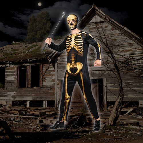 EraSpooky Men 3D Golden Graphic Bone Printed Bodysuit Skeleton Jumpsuit Costume With Hood Skull Halloween Costume Adult