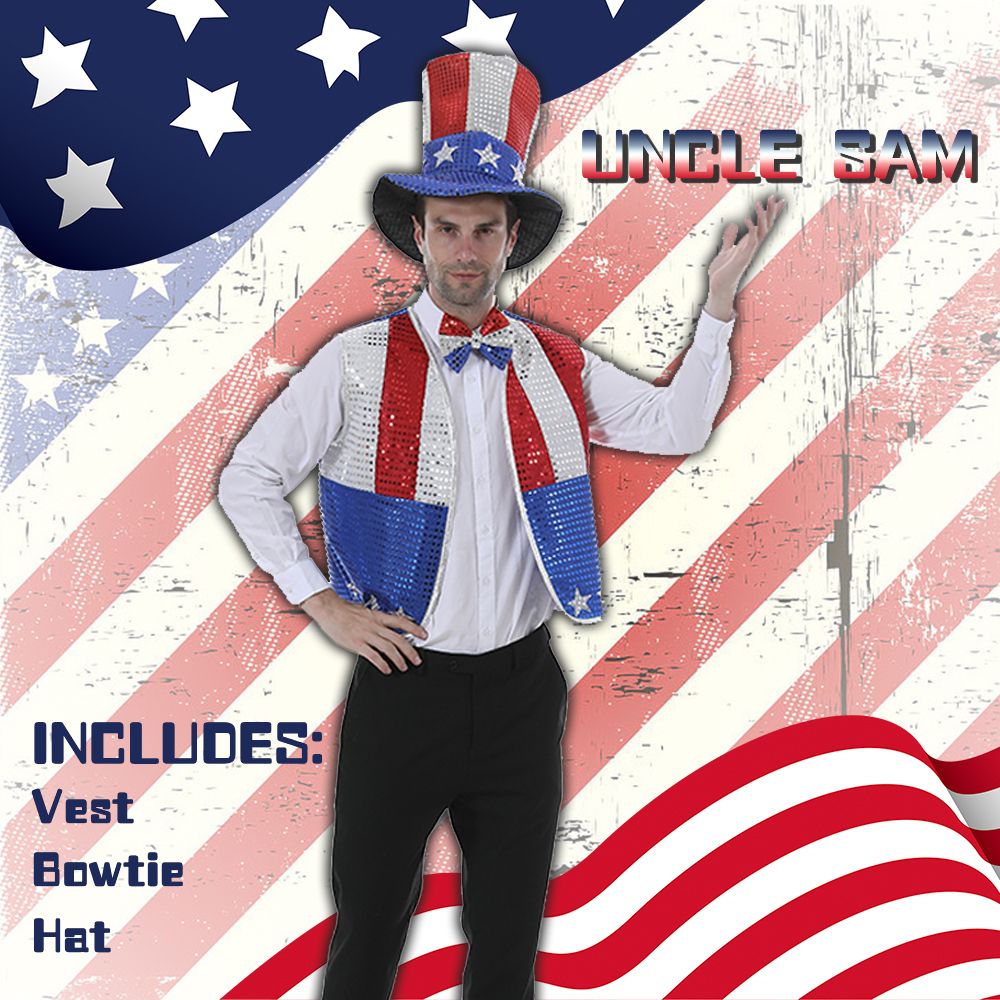 Eraspooky 엉클 샘 의상 남성용 7월 4일 미국 애국 독립 기념일 멋진 드레스 스팽글 미국 조끼 모자 나비 넥타이 세트