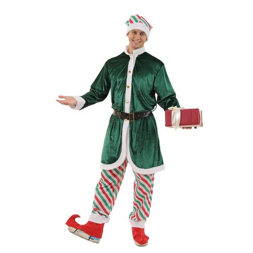 EraSpooky Christmas Men Santa Elf Velvet Costume Deluxe Santa's Helper Cosplay Fancy Dress for Party