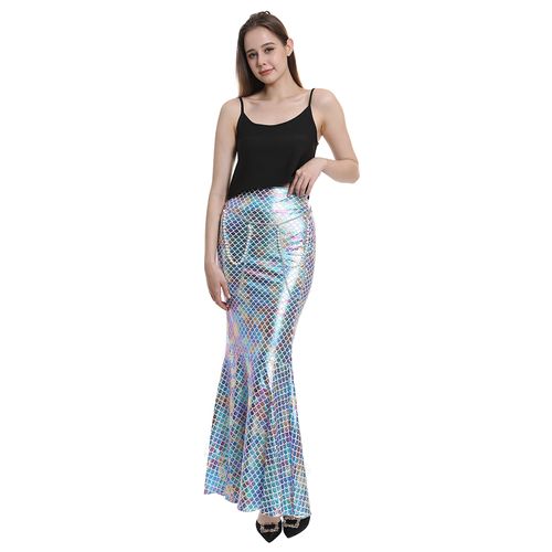 Eraspooky Mermaid Tail Skirt Adult Women Halloween Costume Shiny Stretchy Maxi Skirts Role Play - Waist Pearl Chain Included