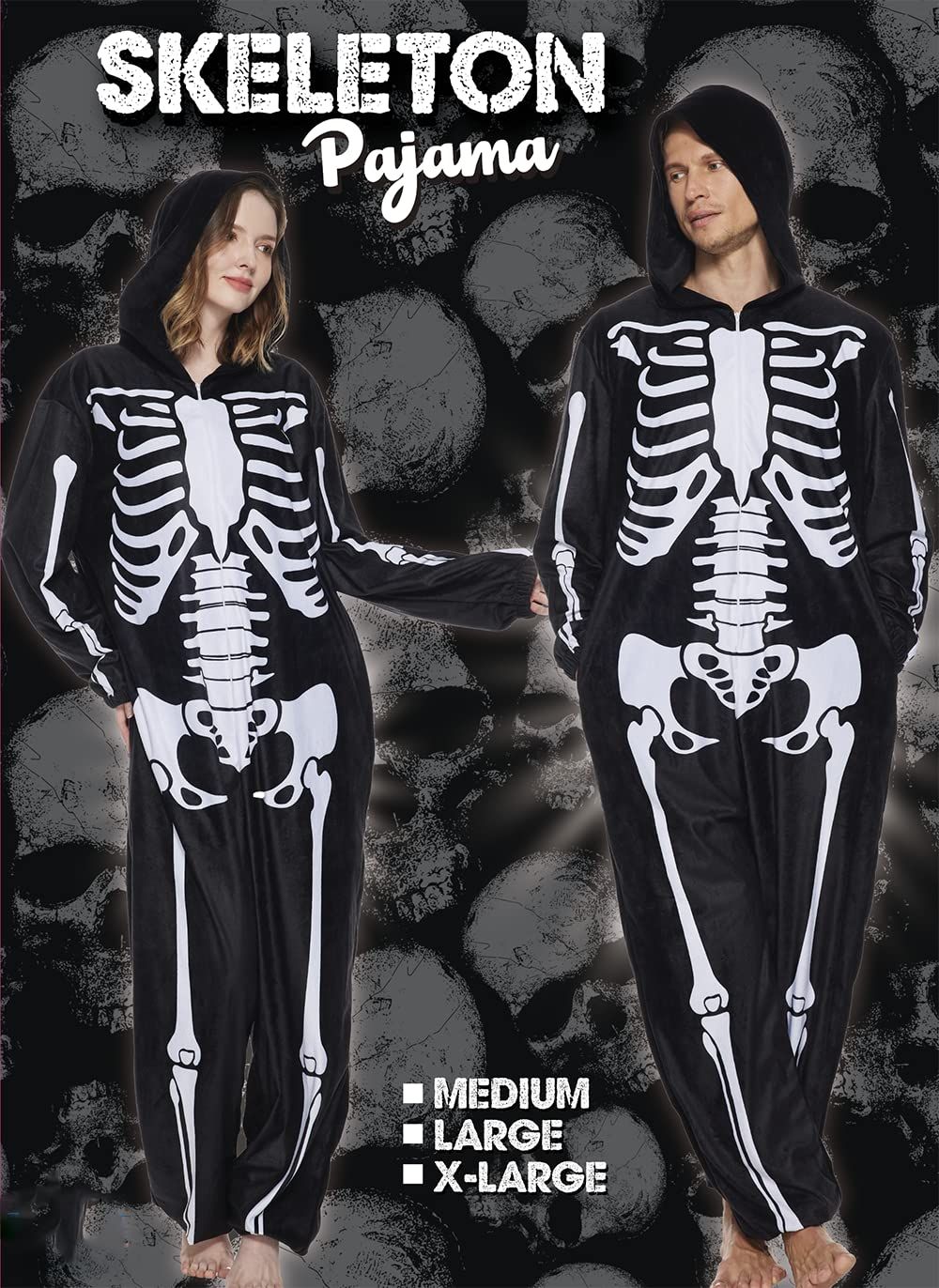 Effaçable Squelette Pyjamas À Capuche Onesie Adulte Hommes Femmes Halloween Costume Couple Combinaisons Une Pièce Noir