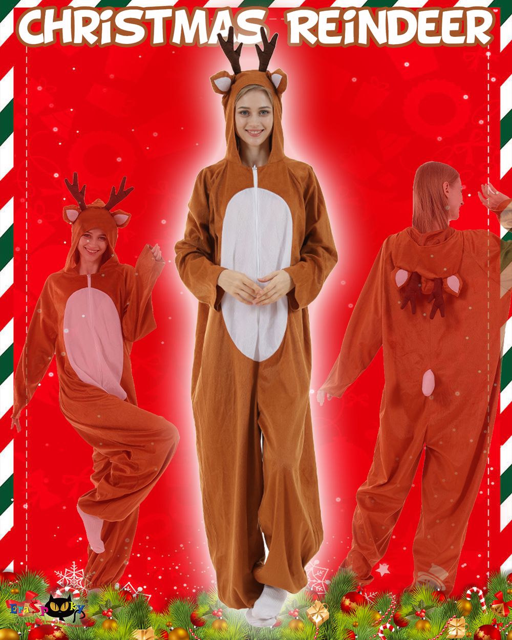 EraSpooky クリスマス トナカイ 大人用 コスチューム ユニセックス 鹿 動物 ワンジー パーティー ジャンプスーツ
