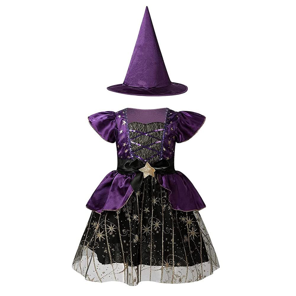 Costume de sorcière pour filles effaçable robe Wiard fête d'halloween déguisement jupe en fil brillant étoilé avec chapeau magique