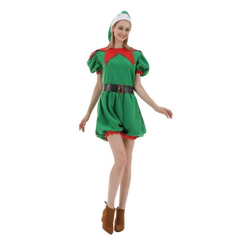 EraSpooky Elfe de Noël Costume d'assistant du Père Noël pour femme Déguisement de fête avec chapeau