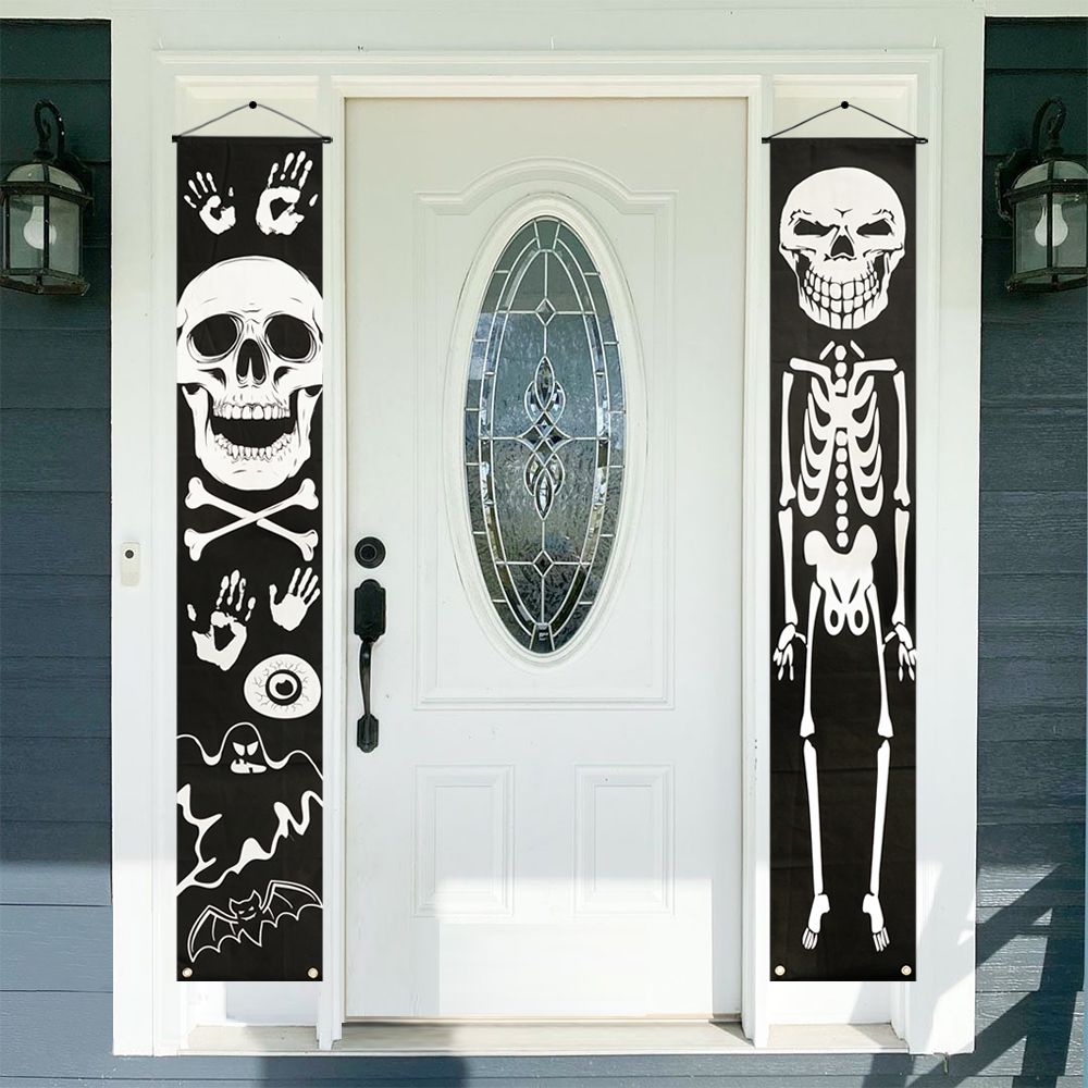 EraSpooky ハロウィン デコレーション アウトドア ポーチ サイン 暗闇で光る バナー スカル ハンギングサイン 玄関ドアまたは屋内のホームデコレーション用