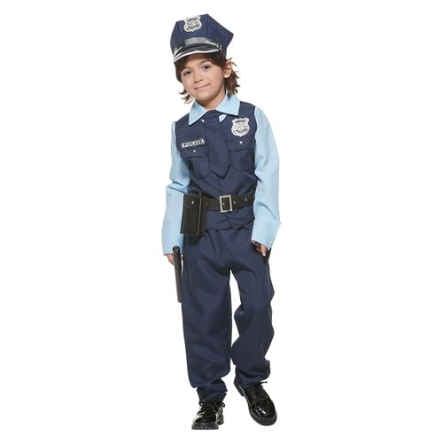 Costume de policier bleu de luxe pour garçons - chemise, pantalon, gilet, cravate, chapeau, talkie-walkie, matraque, ensemble de ceinture
