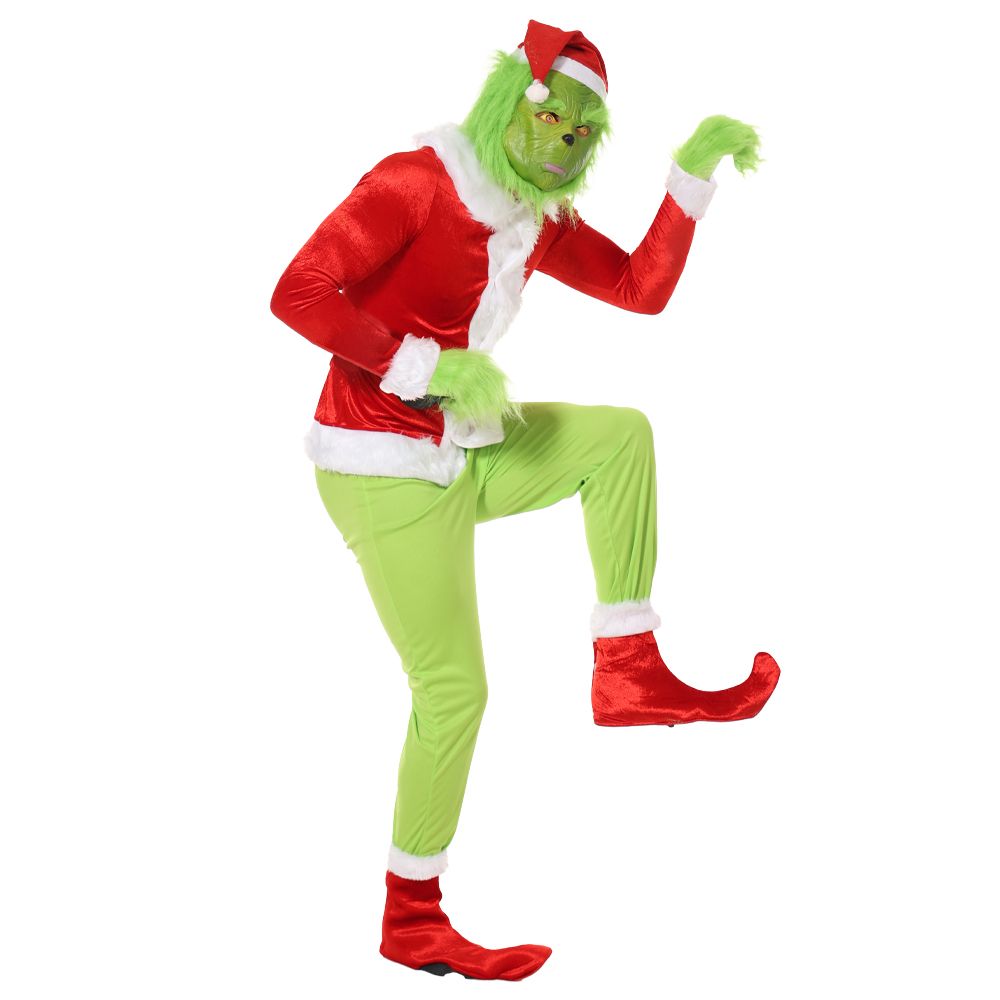 EraSpooky Grinch Erwachsenes grünes Monster-Weihnachtskostüm Deluxe Herren-Weihnachtsmann-Cosplay-Weihnachtsanzug