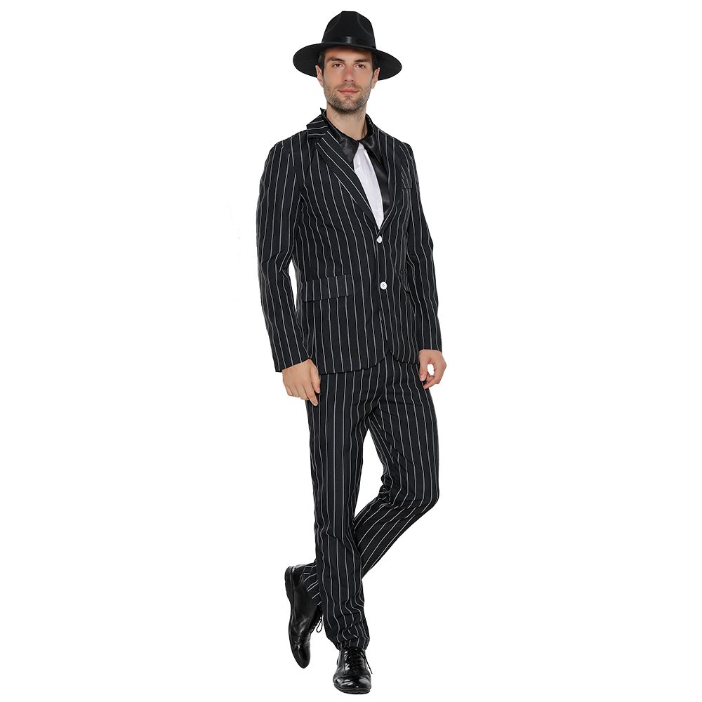 Eraspooky Costume de gangster des années 1920 pour homme à rayures larges comprenant une veste, un pantalon, une chemise sur le devant avec une cravate attachée