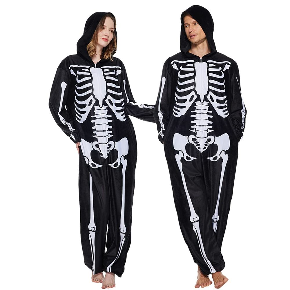 Eraspooky Skeleton Pijamas con capucha Onesie Adultos Hombres Mujeres Disfraz de Halloween Pareja Monos One Piece Black
