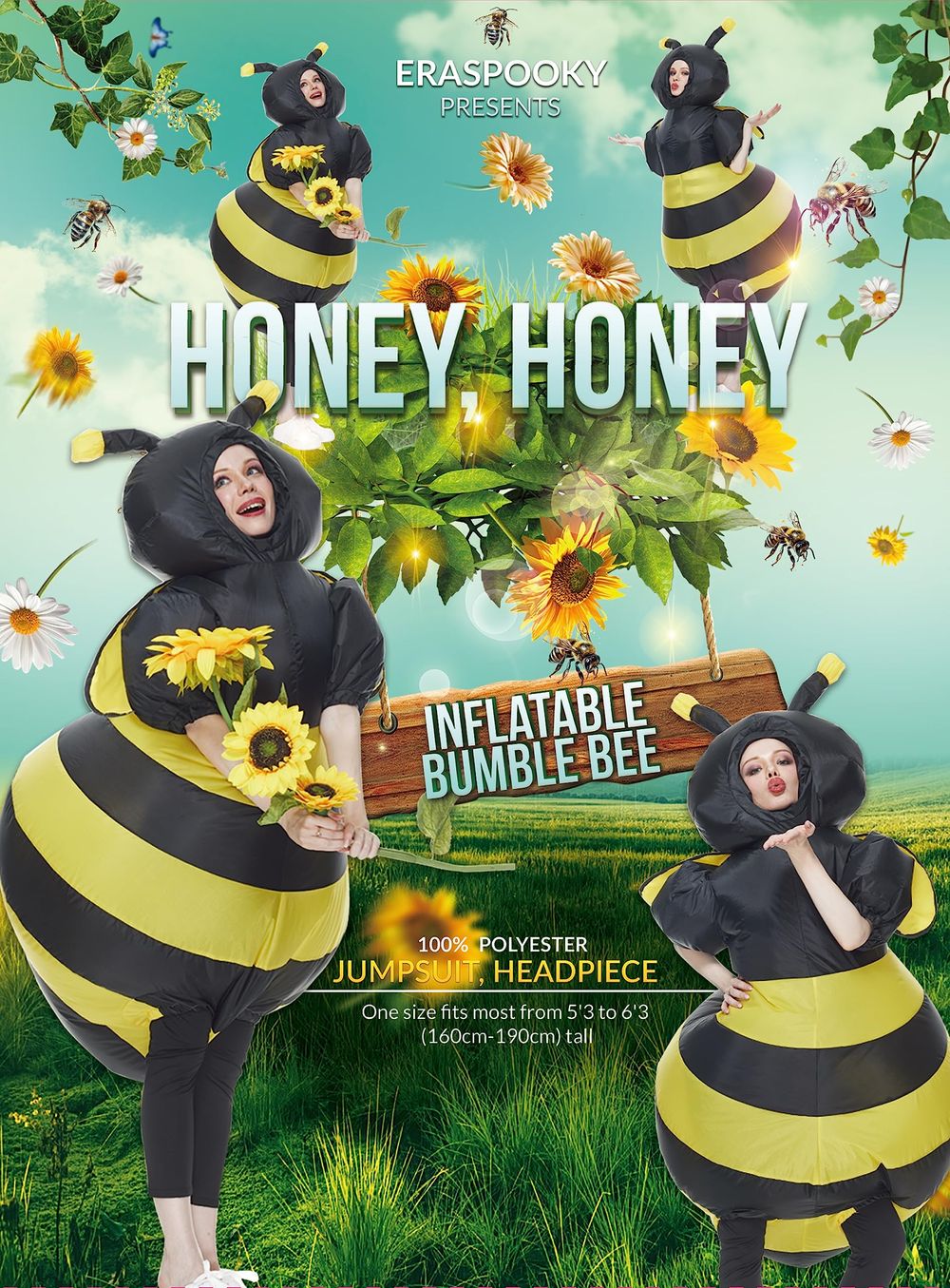Eraspooky Halloween Adulto Inflable Bumble Bee Disfraces Mujeres Blow Up Fancy Bee Disfraces Hombres Fiesta Trajes