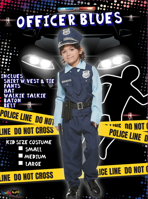 Costume de policier bleu de luxe pour garçons - chemise, pantalon, gilet, cravate, chapeau, talkie-walkie, matraque, ensemble de ceinture