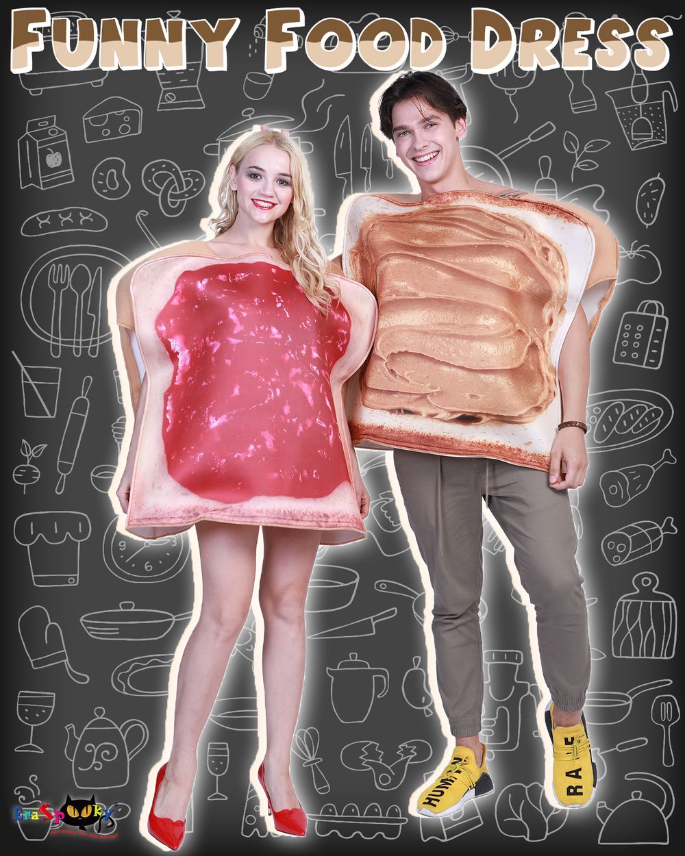 EraSpooky 커플 땅콩 버터와 젤리 의상 할로윈 파티 재미있는 음식 멋진 드레스