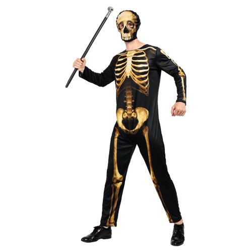 EraSpooky Men 3D Golden Graphic Bone Printed Bodysuit Skeleton Jumpsuit Costume With Hood Skull Halloween Costume Adult