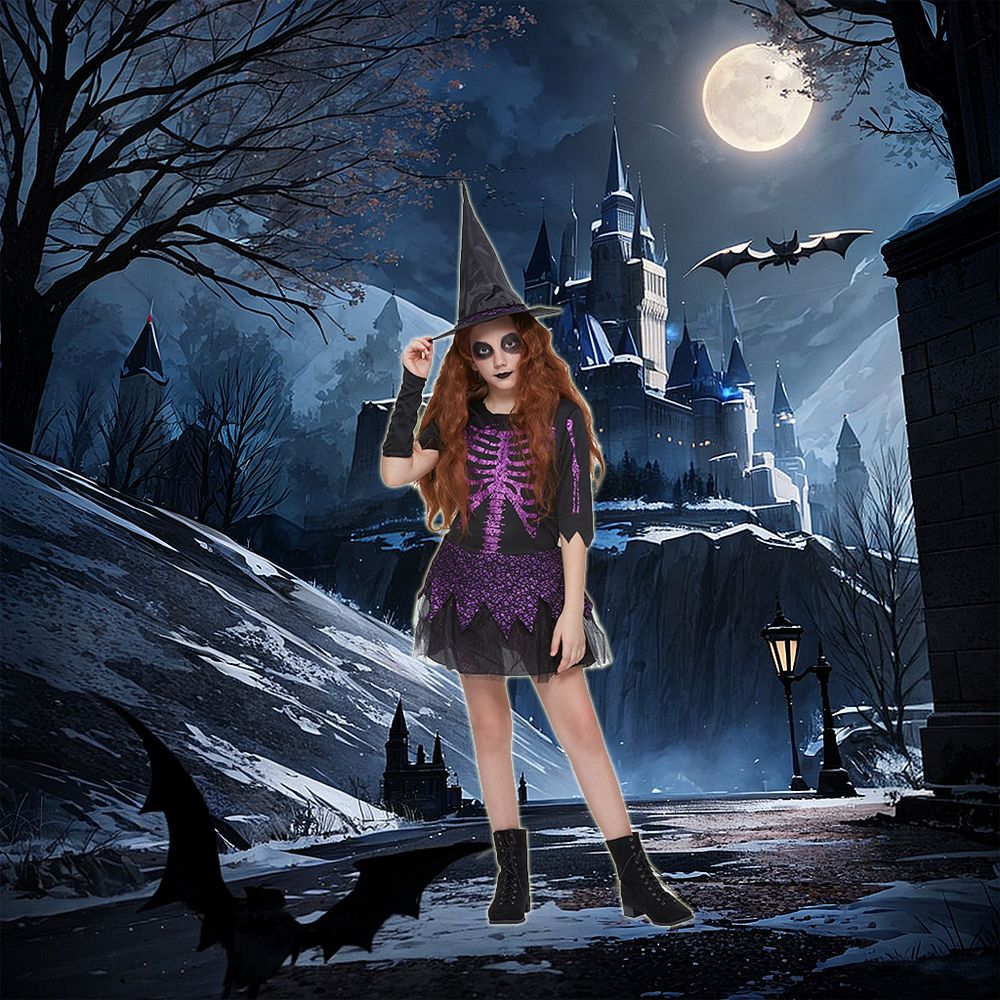 Disfraz de esqueleto de Eraspooky para niñas, vestido de bruja púrpura para niñas, disfraces Wiard, vestido de fiesta de Halloween