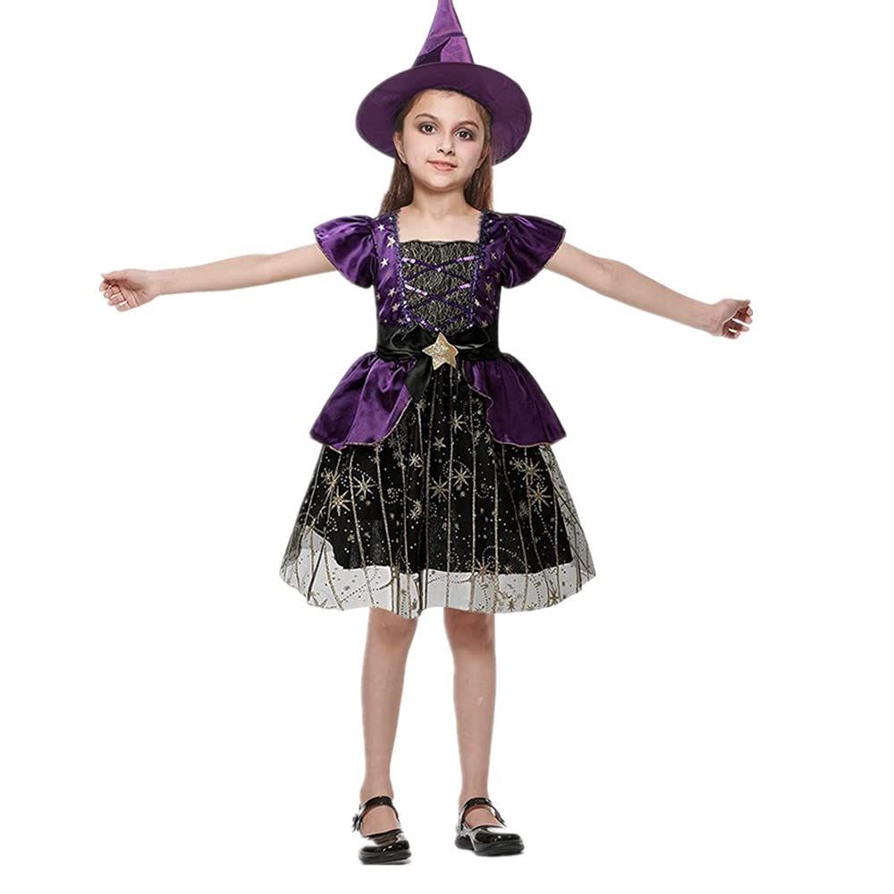 Eraspooky Mädchen Hexenkostüm Zaubererkleid Halloween Party Kostüm Sternenhimmel Glänzender Garnrock mit Zauberhut