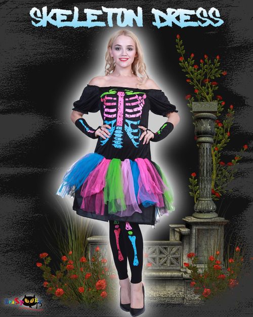 EraSpooky 여성 펑키 펑크 뼈 의상 해골 다채로운 투투 드레스
