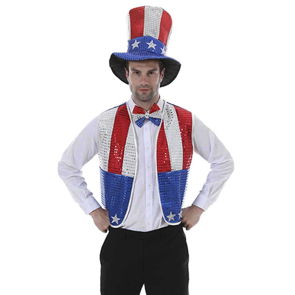 Eraspooky 엉클 샘 의상 남성용 7월 4일 미국 애국 독립 기념일 멋진 드레스 스팽글 미국 조끼 모자 나비 넥타이 세트