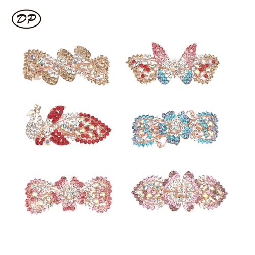 Wholesale hot sale colorful flowers butterfly peacock hairpin lady's new design elegant flower animal rhinestone metal spring hair clips