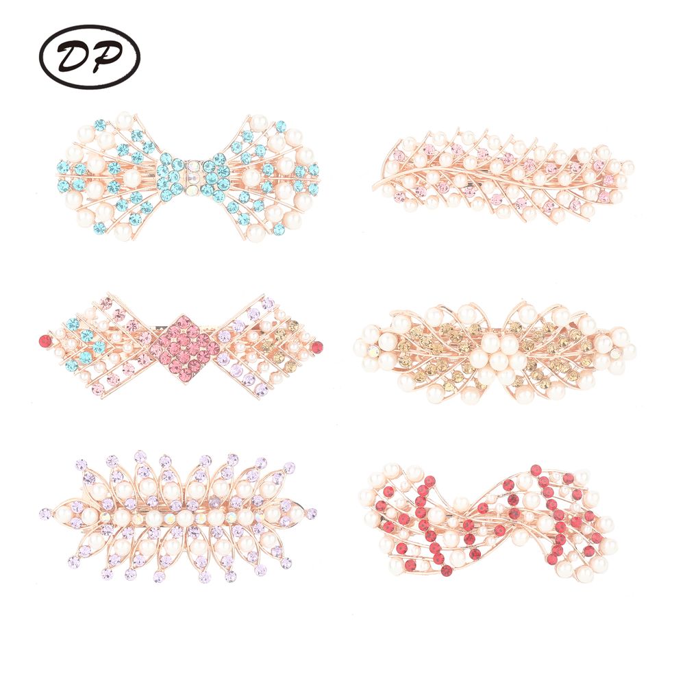 DP B-5078 Alloy colorful rhinestone pearl bow geometric shape hair clip