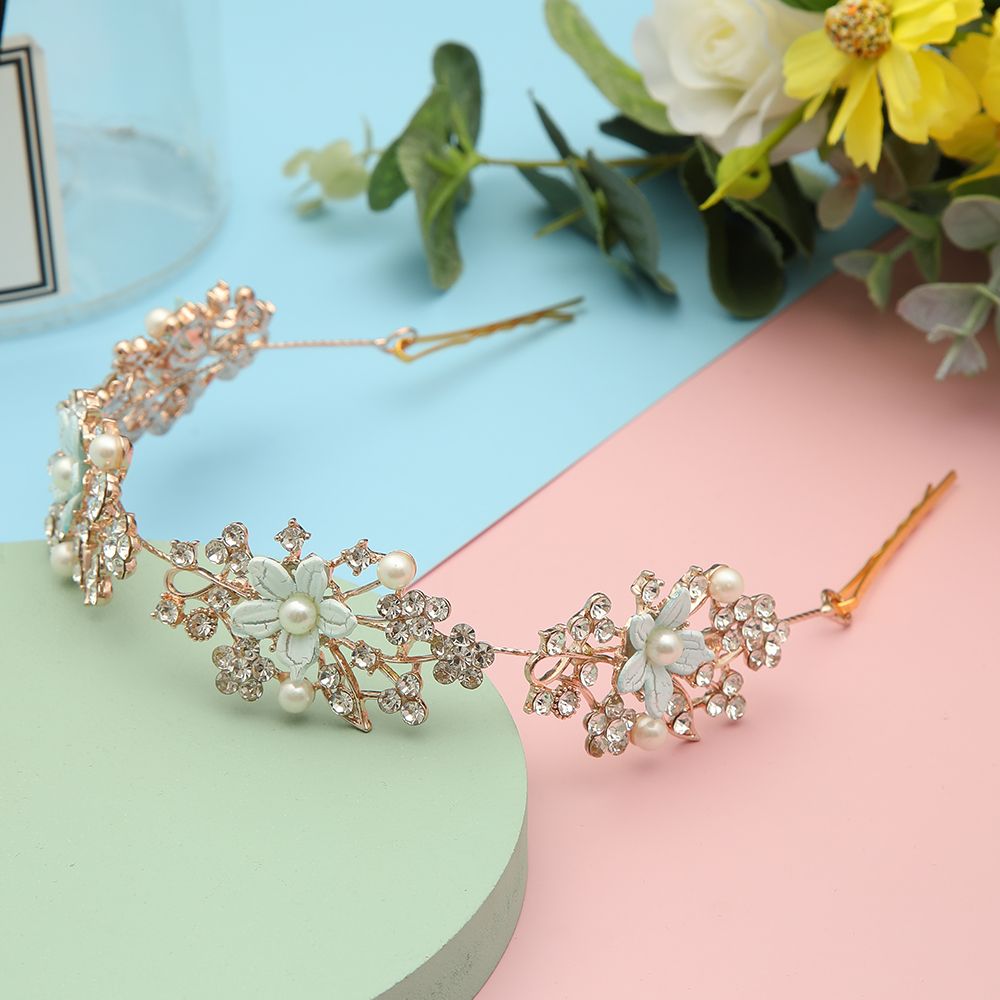 DP E-15 Elegante aleación de diamantes de imitación perla colorida flor Cadena para el cabello