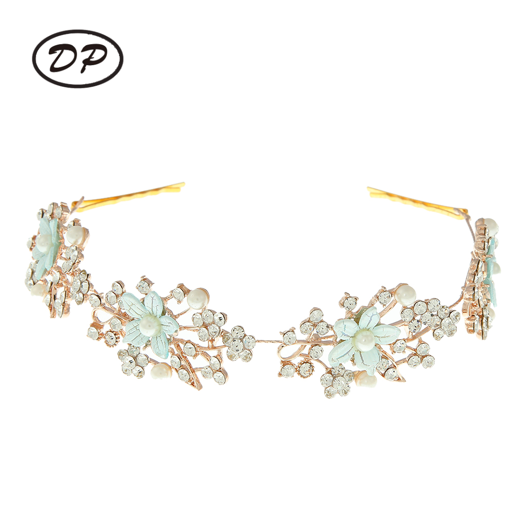DP E-15 Elegante aleación de diamantes de imitación perla colorida flor Cadena para el cabello