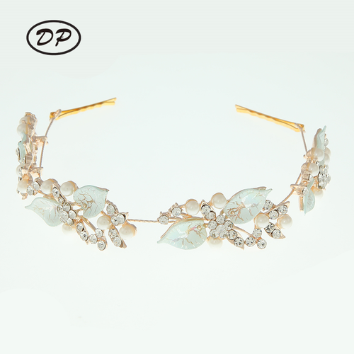 DP E-25 합금 라인석 진주 화려한 잎 꽃 헤어 체인