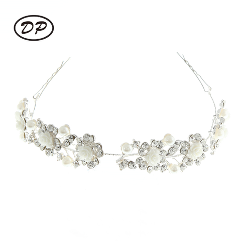 DP E-32 Elegant Alloy rhinestone pearl flower Hair Chain