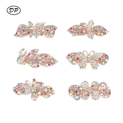 Venta al por mayor flores coloridas mariposa pavo real horquilla dama nuevo diseño elegante flor animal rhinestone metal primavera pinzas para el cabello