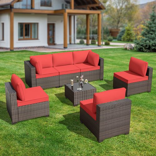 GOJOOASIS Wine Red 7PCS Set Wicker Outdoor Sectional Sofa