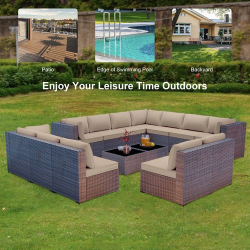 GOJOOASIS Beige 14PCS Set Wicker Outdoor Sectional Sofa