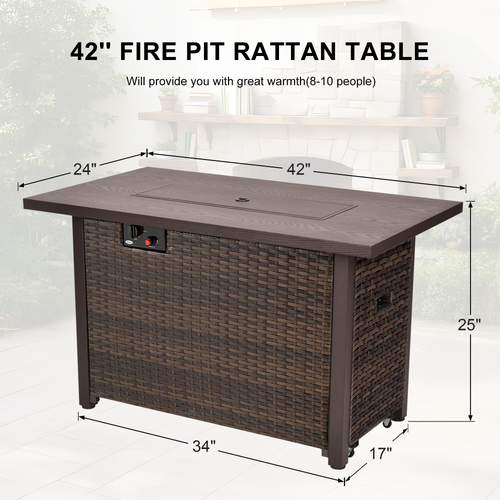 42-Inch Fire Pit Table, Rectangular Propane Fire Pit Table with Blue Stones, 50000 BTU Output