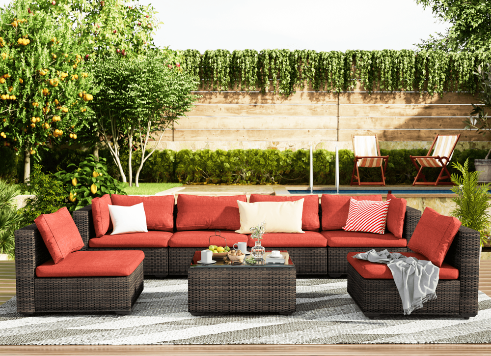 Grezone 7 Patio Outdoor Furniture Wicker Sectional Sofa Couch Lawn Sectional, Red