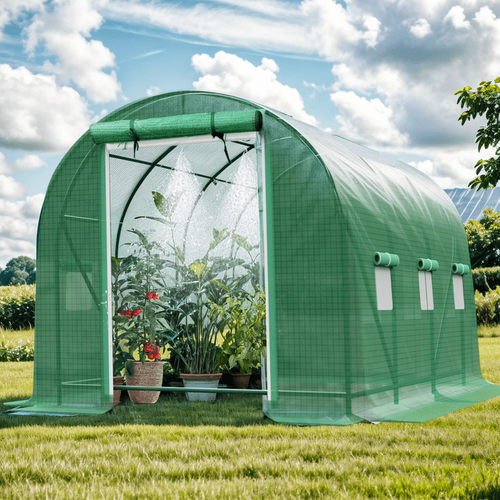Greenhouse with Watering System, Large Walk-in Greenhouse Reinforced Metal Frame, 6 Screen Windows and 1 Door, Green House Irrigation Watering Kit for