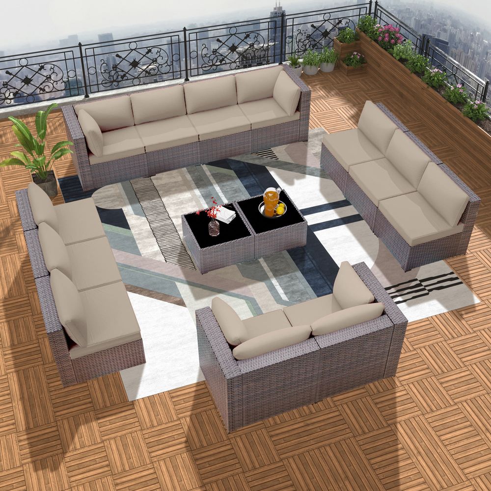GOJOOASIS Beige 14PCS Set Wicker Outdoor Sectional Sofa