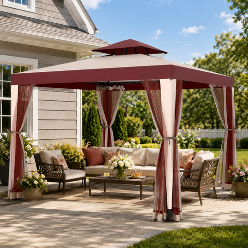 10 x 10 ft Outdoor Gazebo Tent with Mosquito Netting, Double Roof Canopy Backyard Patio Shelter, Red