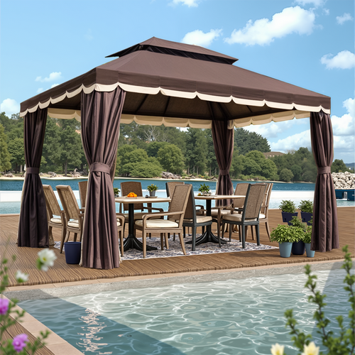 Grezone 10×13 FT Deluxe No Screws\ Gazebo,Double Roof Outdoor Shelter Tent with Mosquito Nettings and Privacy Screens