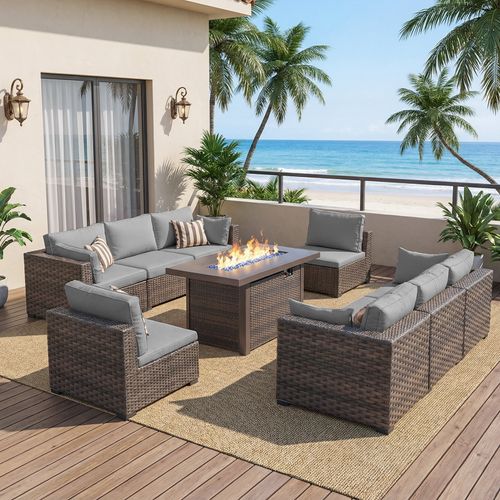 Gaildon 9 Piece Patio Furniture Set with Fire Pit Table, All Weather Outdoor Sectional PE Rattan, Patio Conversation Sets with Cushions and Glass Coff