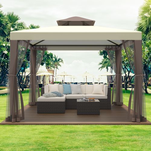 Gojooasis 10'x10' Gazebo Outdoor Canopy Tent with Curtains and Shelter for Patio,Beige