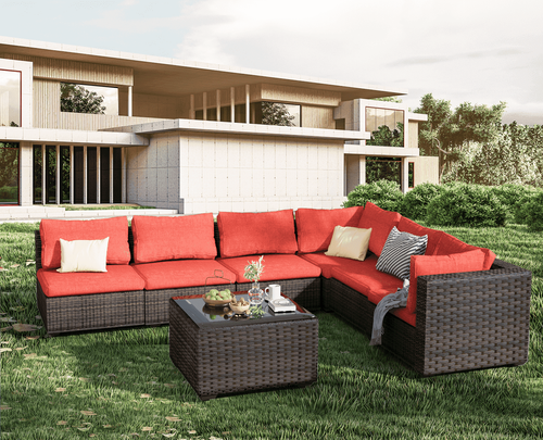 TANGJEAMER 7 Piece Patio Furniture Set, All Weather Outdoor Sectional PE Rattan, Patio Conversation Sets with Cushions and Glass Coffee Table for Gard