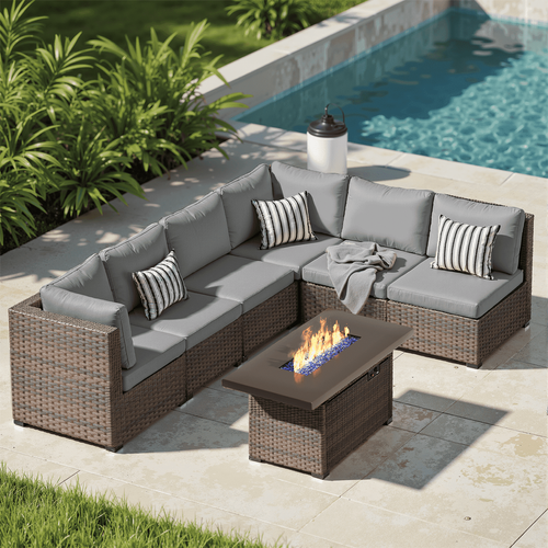 Gaildon 7 Piece Patio Furniture Set with Fire Pit Table, All Weather Outdoor Sectional PE Rattan, Patio Conversation Sets with Cushions and Glass Coff